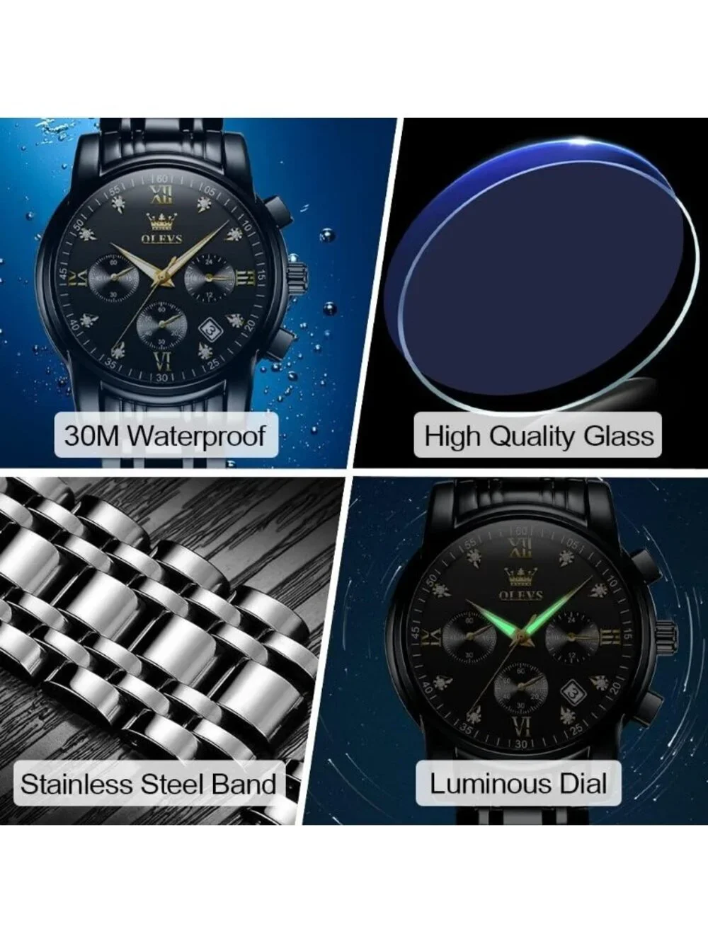 Men's Black Face/Black Strap Stainless Steel Chronograph Waterproof Wrist Watch